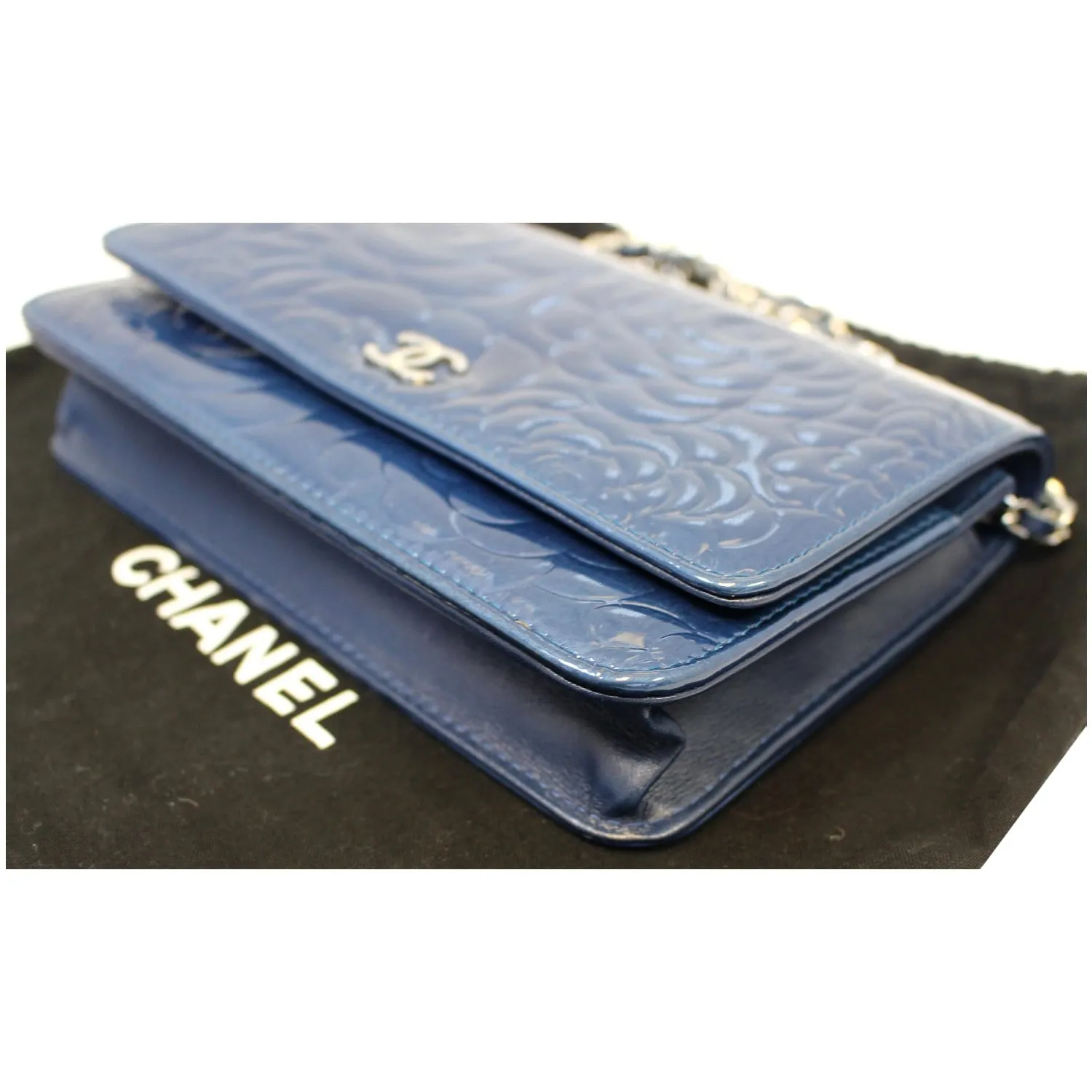 CHANEL Camellia Patent Leather Wallet on Chain WOC Royal Blue