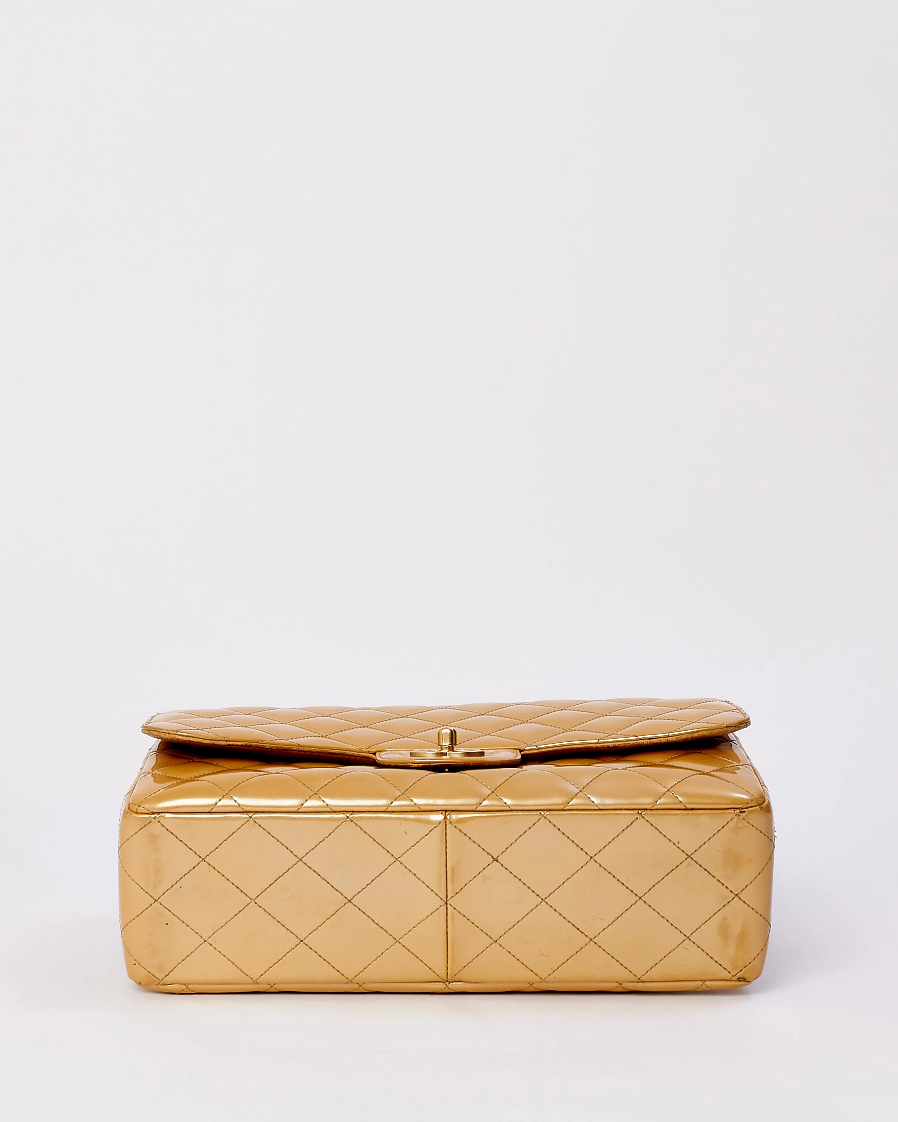 Chanel Gold Patent Leather Quilted Jumbo Single Flap Bag