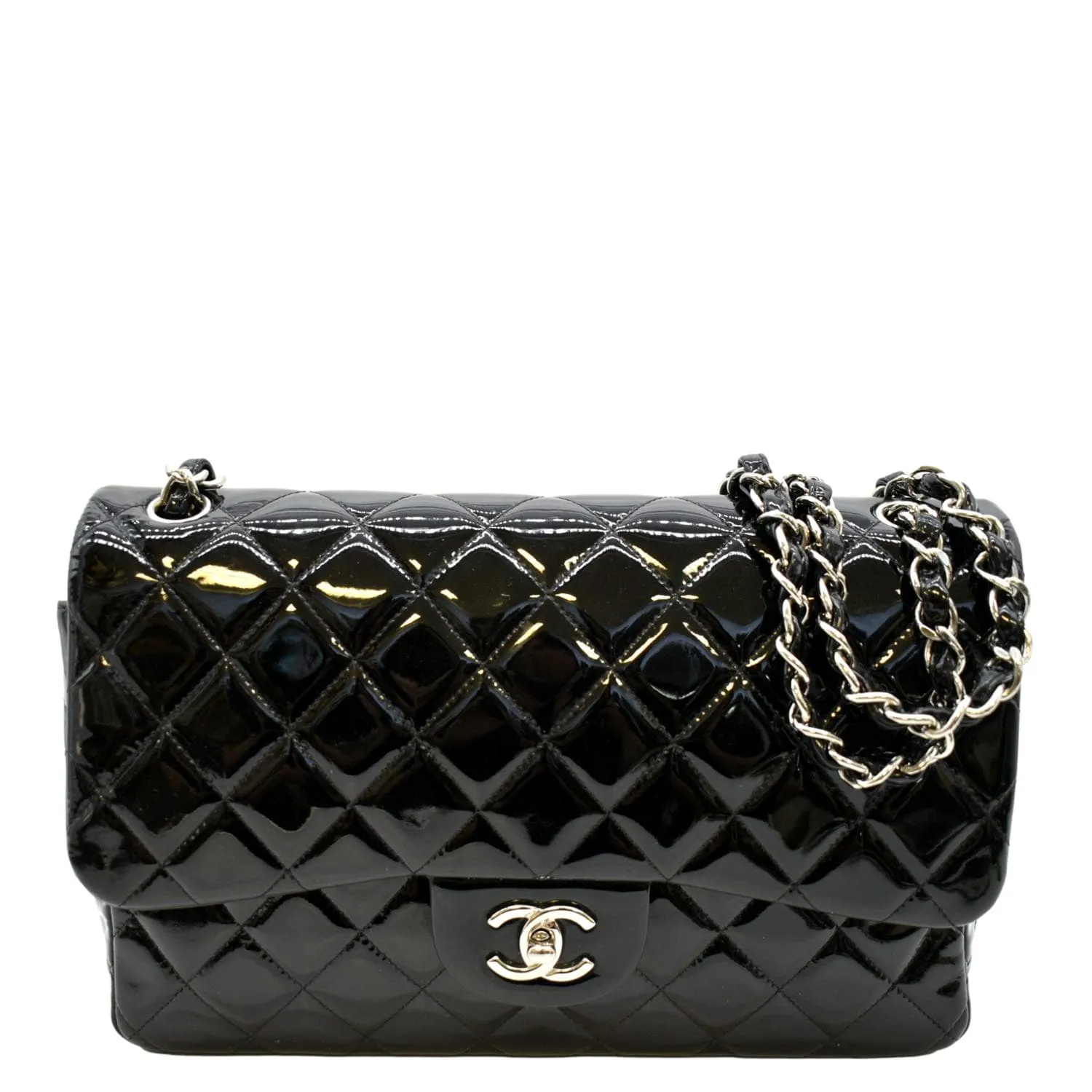 CHANEL Jumbo Flap Patent Leather Shoulder Bag Black