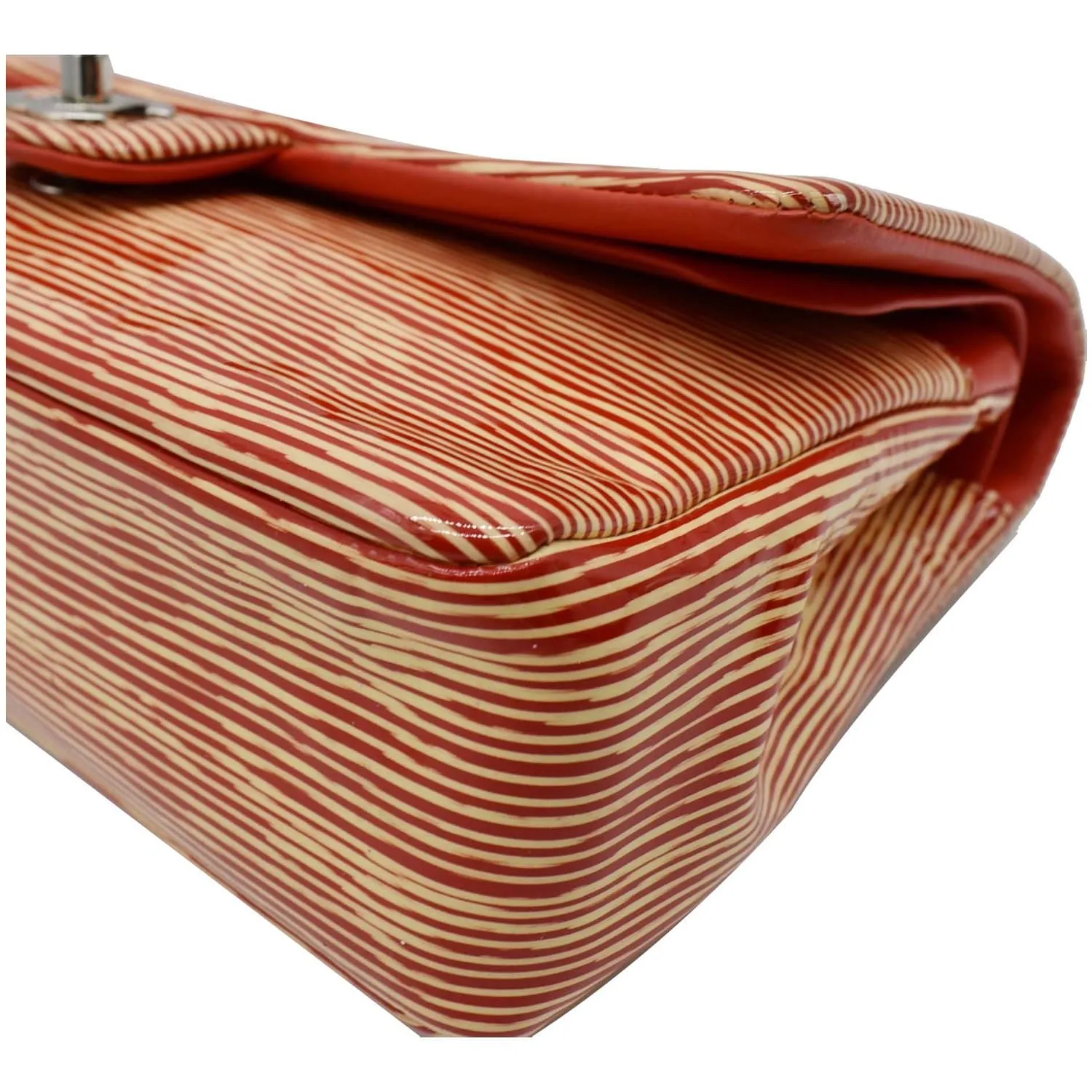 CHANEL Women Classic Medium Double Flap Striped Patent Leather Shoulder Bag White/Red