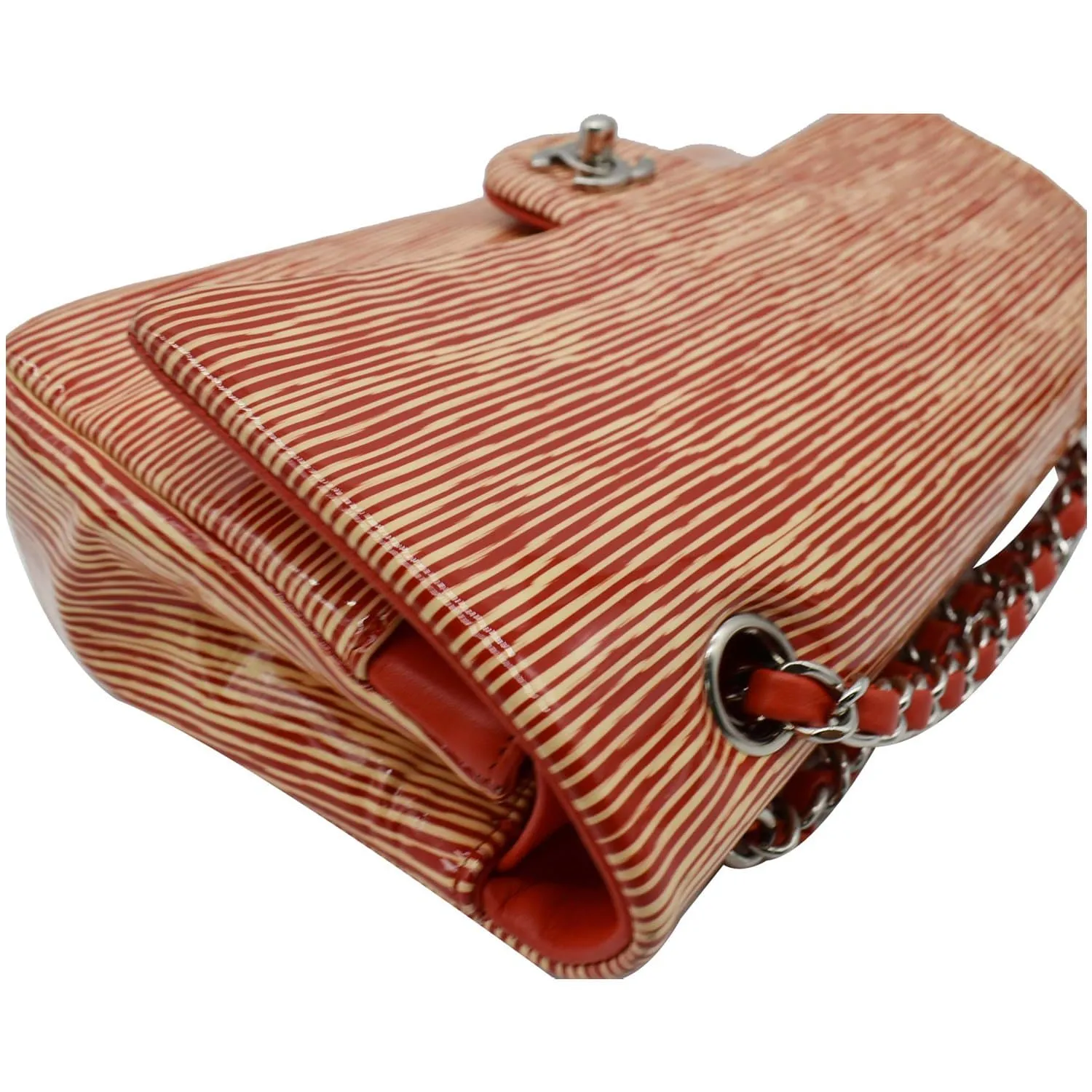 CHANEL Women Classic Medium Double Flap Striped Patent Leather Shoulder Bag White/Red