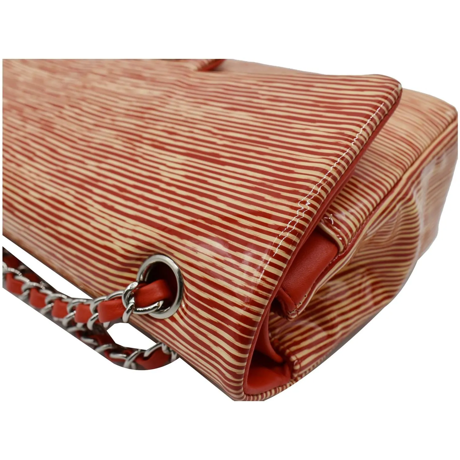 CHANEL Women Classic Medium Double Flap Striped Patent Leather Shoulder Bag White/Red