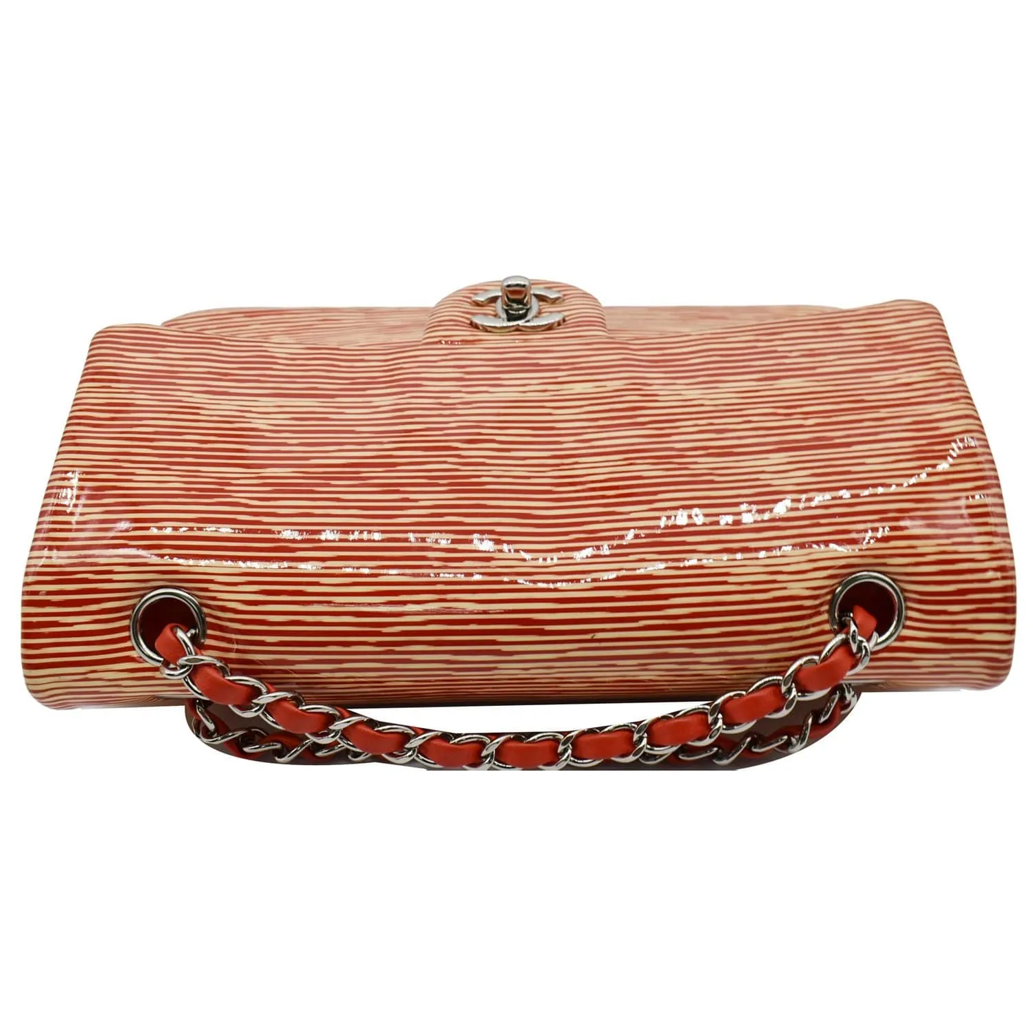 CHANEL Women Classic Medium Double Flap Striped Patent Leather Shoulder Bag White/Red