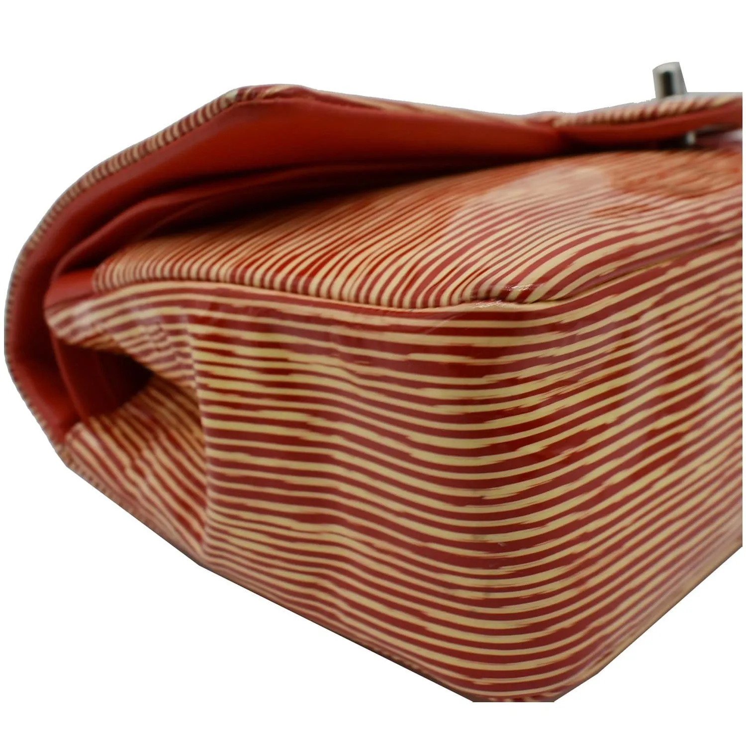 CHANEL Women Classic Medium Double Flap Striped Patent Leather Shoulder Bag White/Red