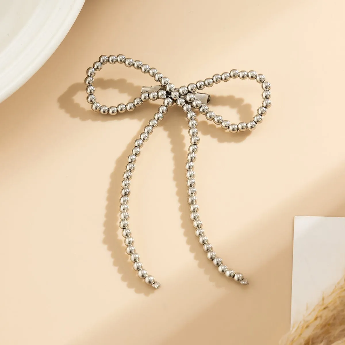 Chic Gold Silver Tone Beaded Bowknot Pin Brooch
