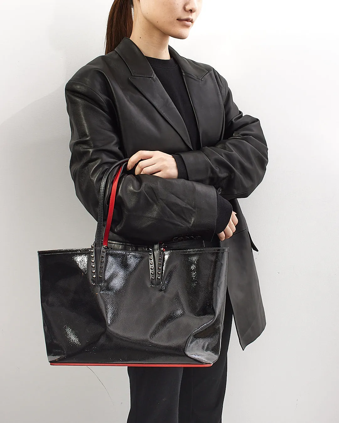 Christian Louboutin Black Patent Studded Tote with Pochette