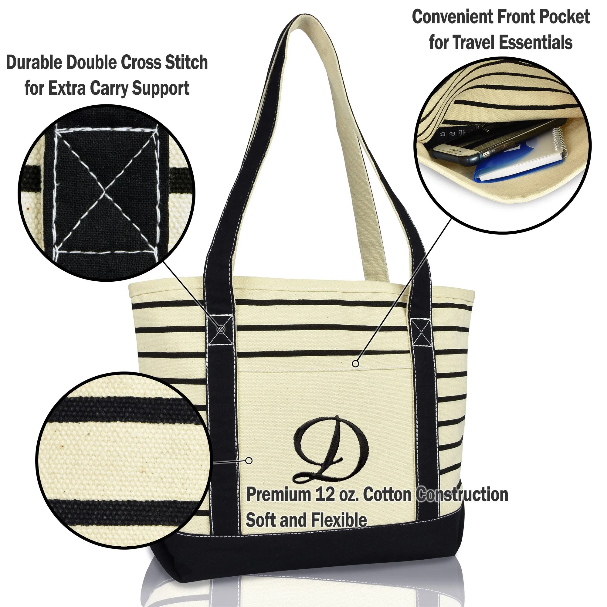 Dalix Striped D-Initial Tote Bag Womens Ballent Letter D