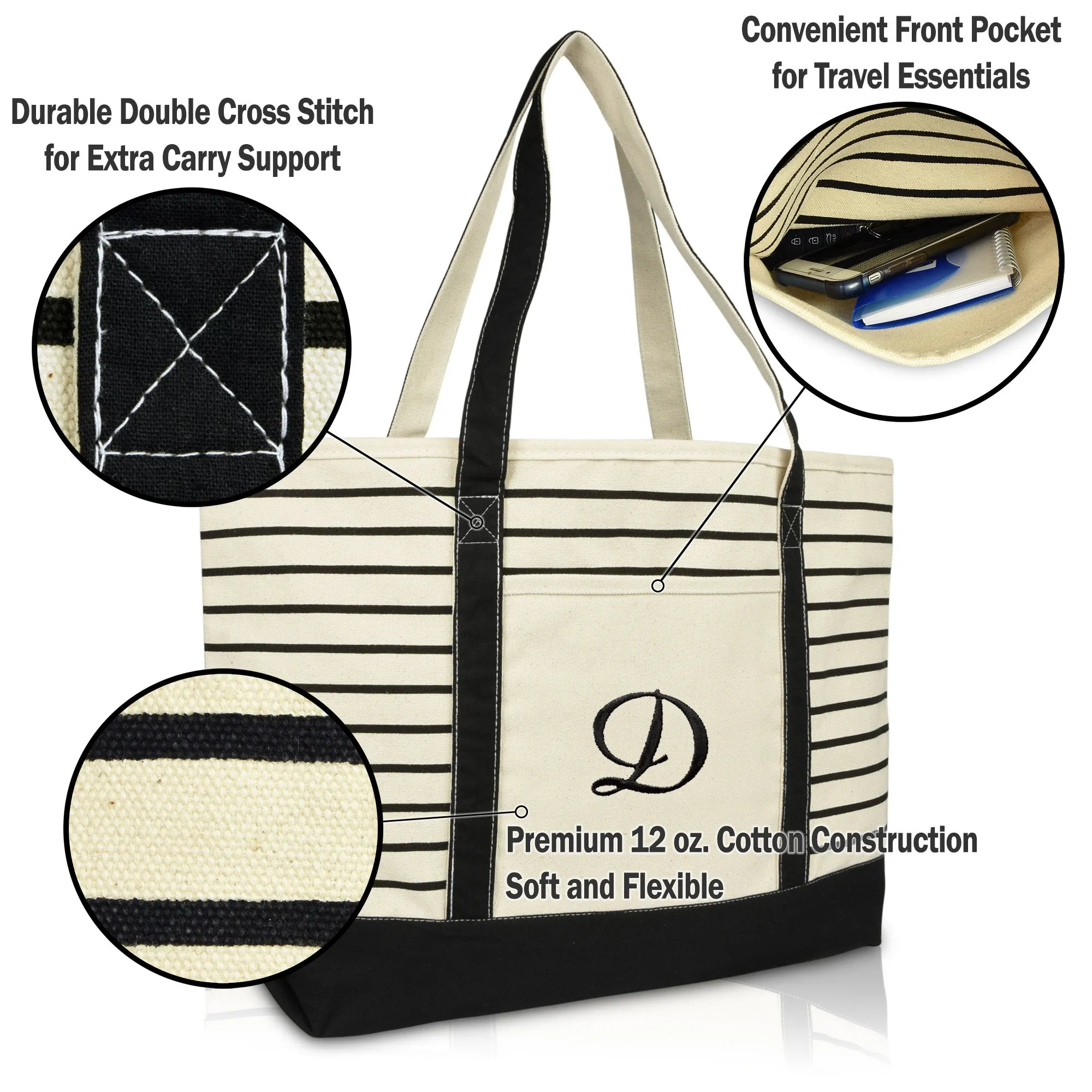 Dalix Striped D-Initial Tote Bag Womens Ballent Letter D