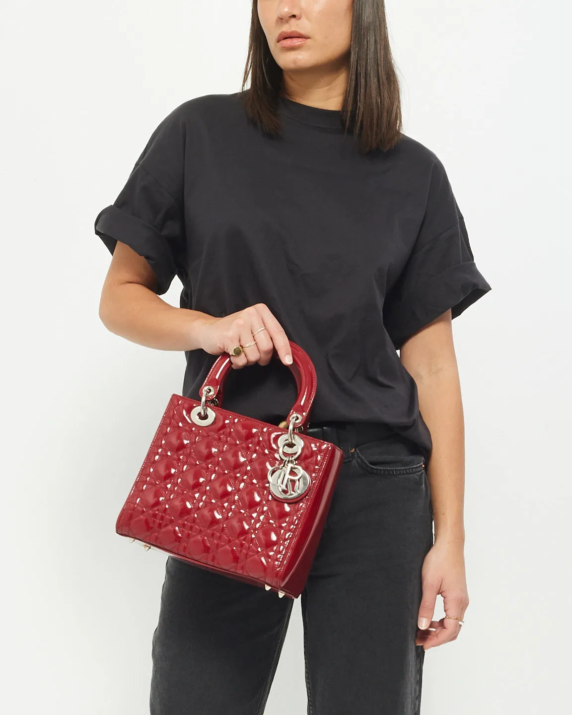 Dior Red Patent Leather Medium Lady Dior with SHW