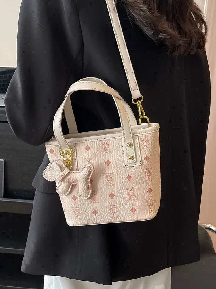 Dog Charm Patterned Bucket Bag