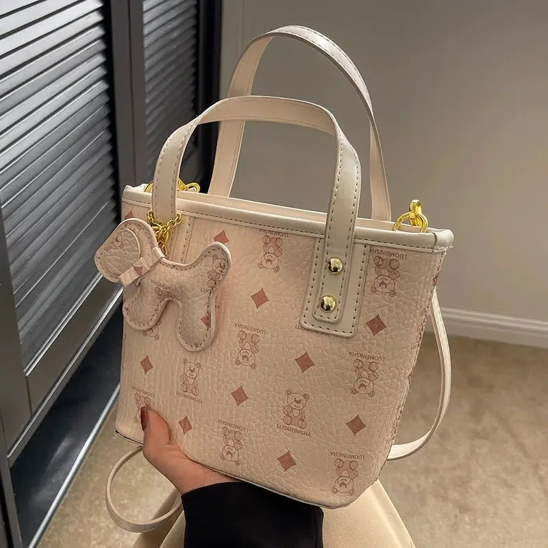 Dog Charm Patterned Bucket Bag