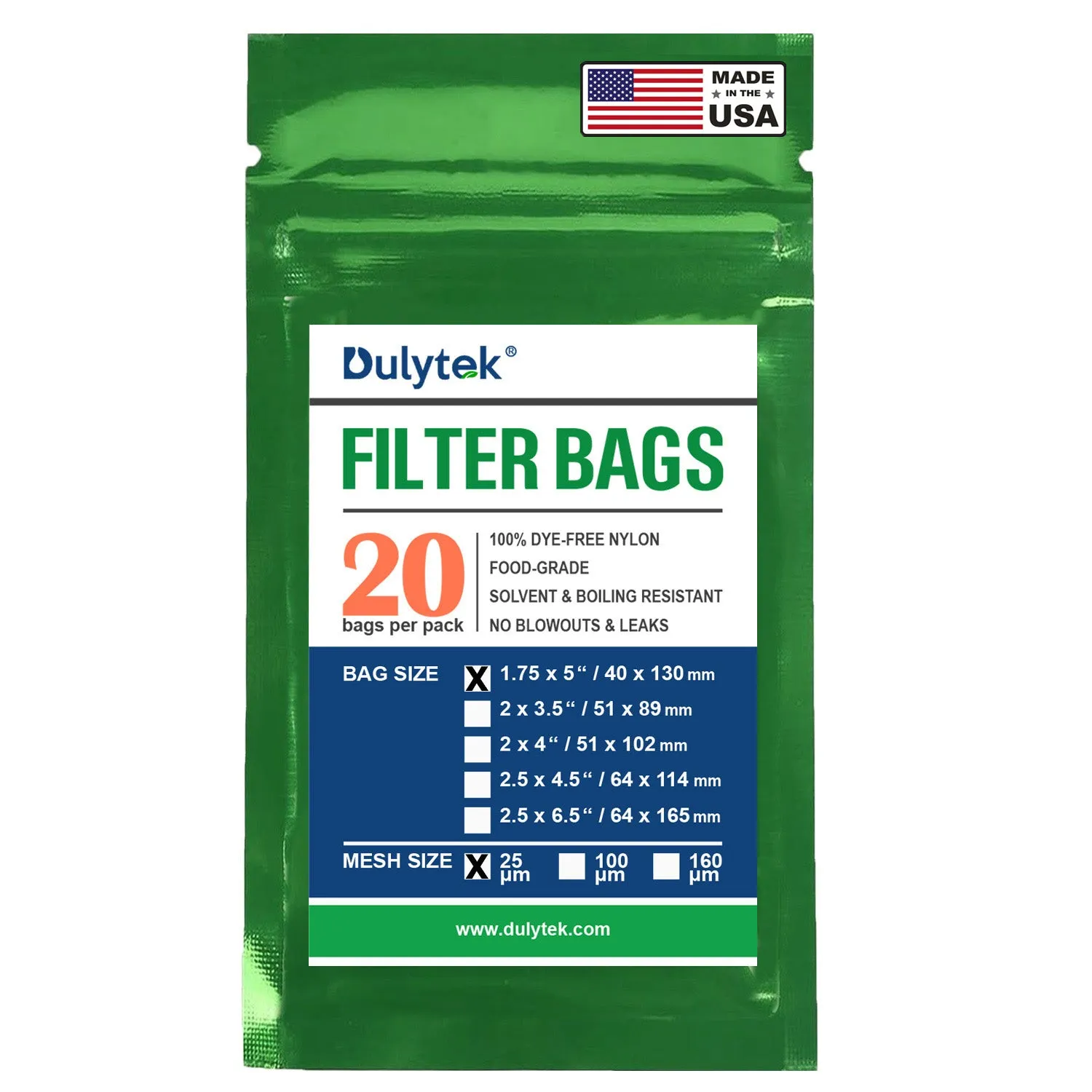 Dulytek® Premium Nylon Filter Bags, 1.75" x 5", 20 pcs, Various Micron Mesh Sizes Available, and Free Packing Card - Zero Blowouts