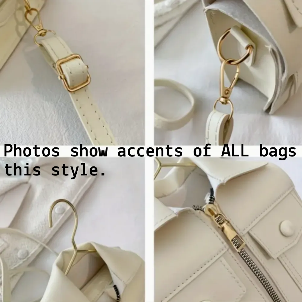 Faux PU Leather Zipper, Collar, Pocket & Hanger Accented Shirt Style Shoulder Bag in Black