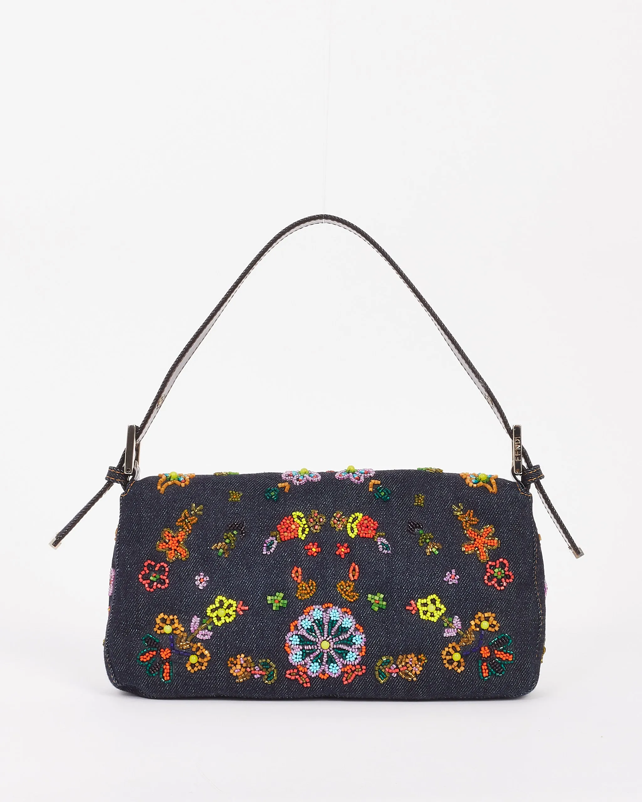 Fendi Blue Denim Beaded Baguette Shoulder Bag