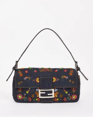 Fendi Blue Denim Beaded Baguette Shoulder Bag