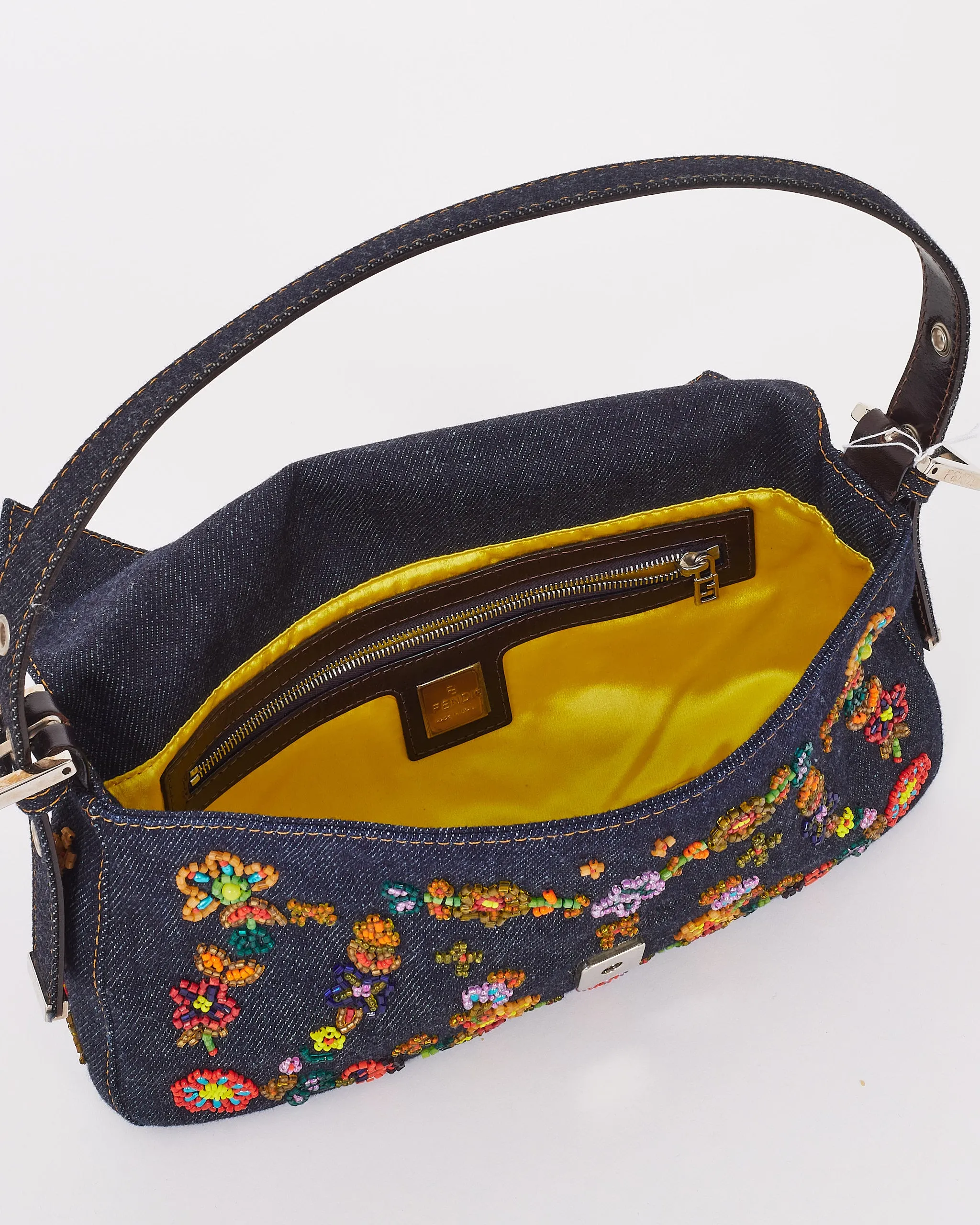 Fendi Blue Denim Beaded Baguette Shoulder Bag