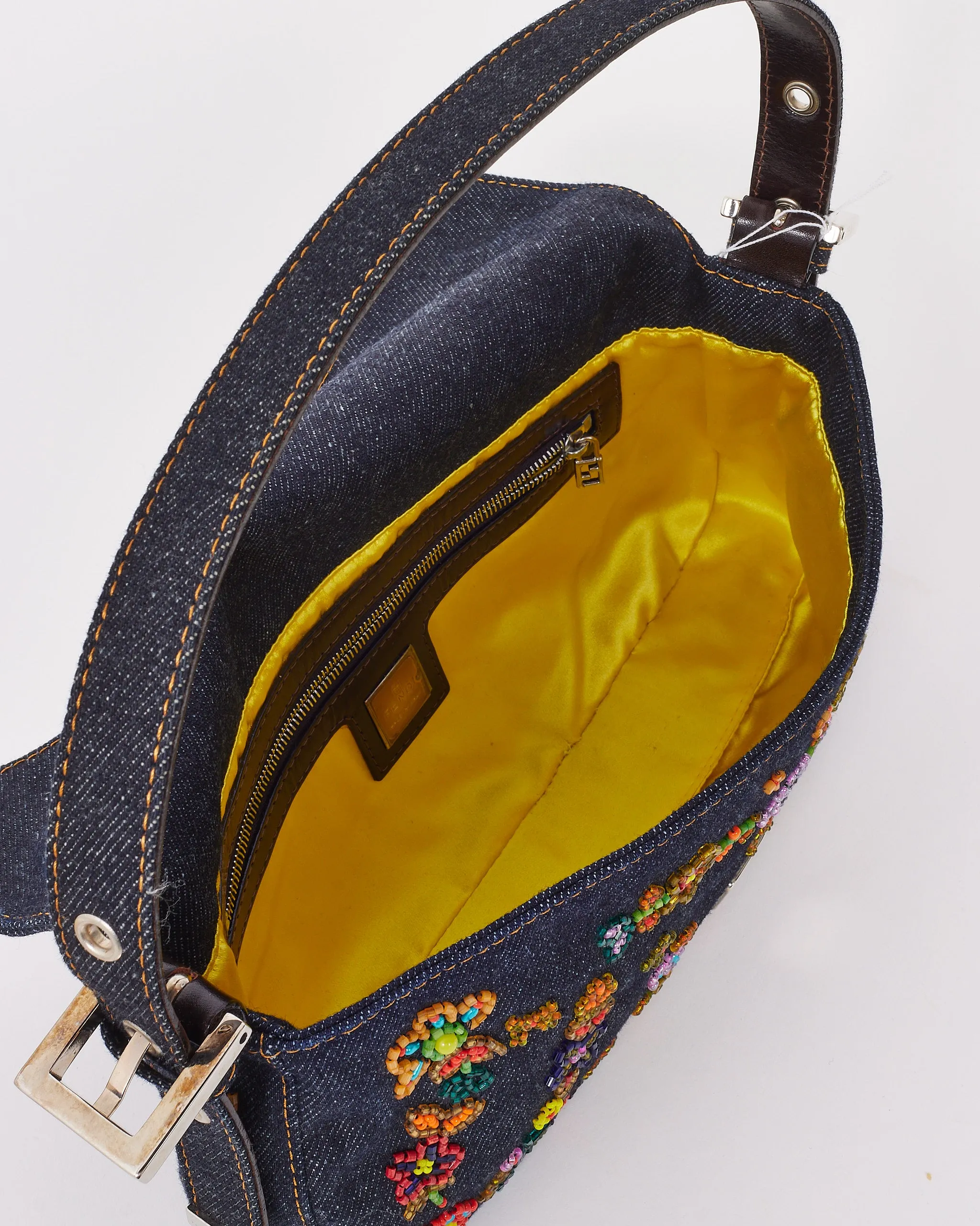 Fendi Blue Denim Beaded Baguette Shoulder Bag