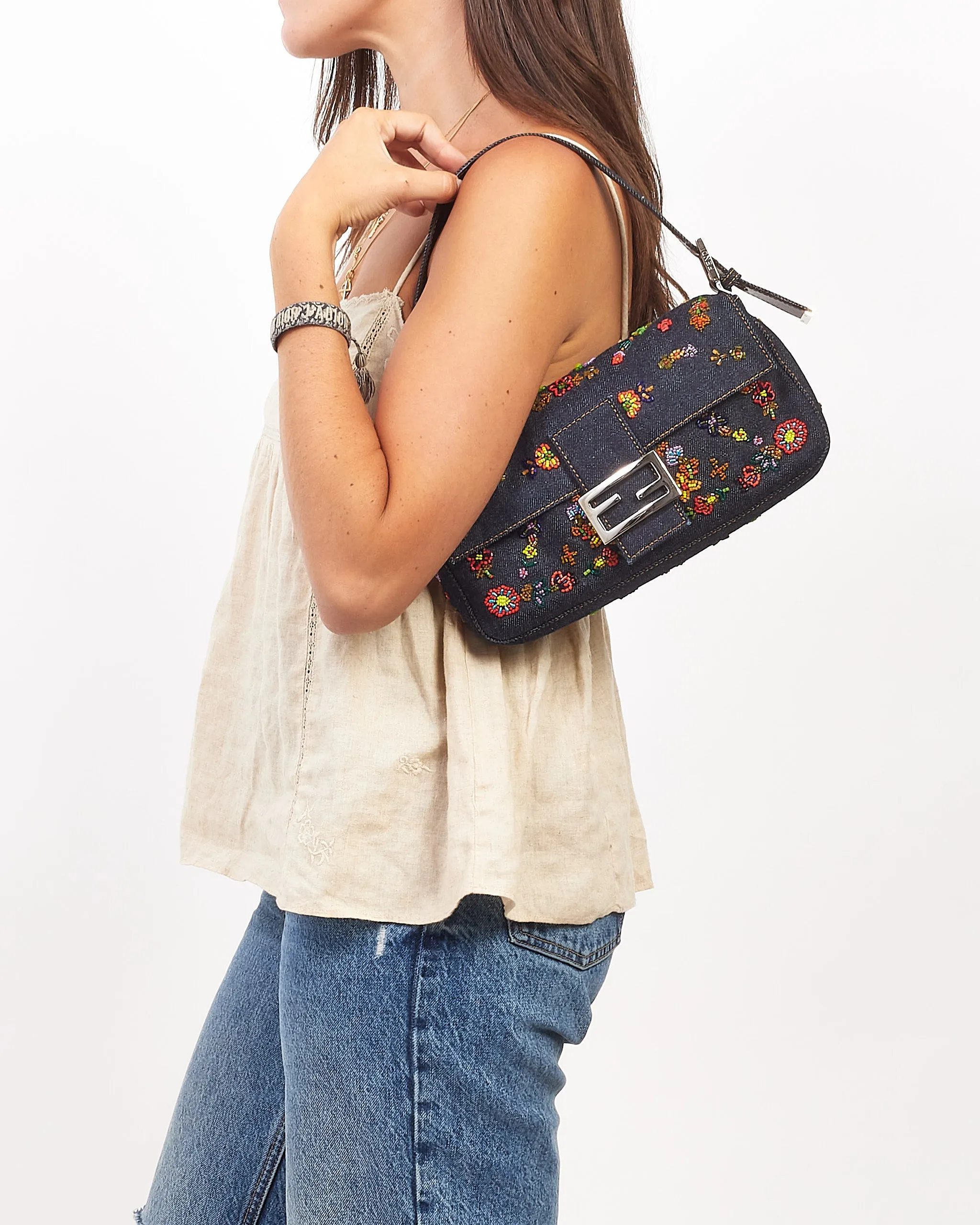 Fendi Blue Denim Beaded Baguette Shoulder Bag