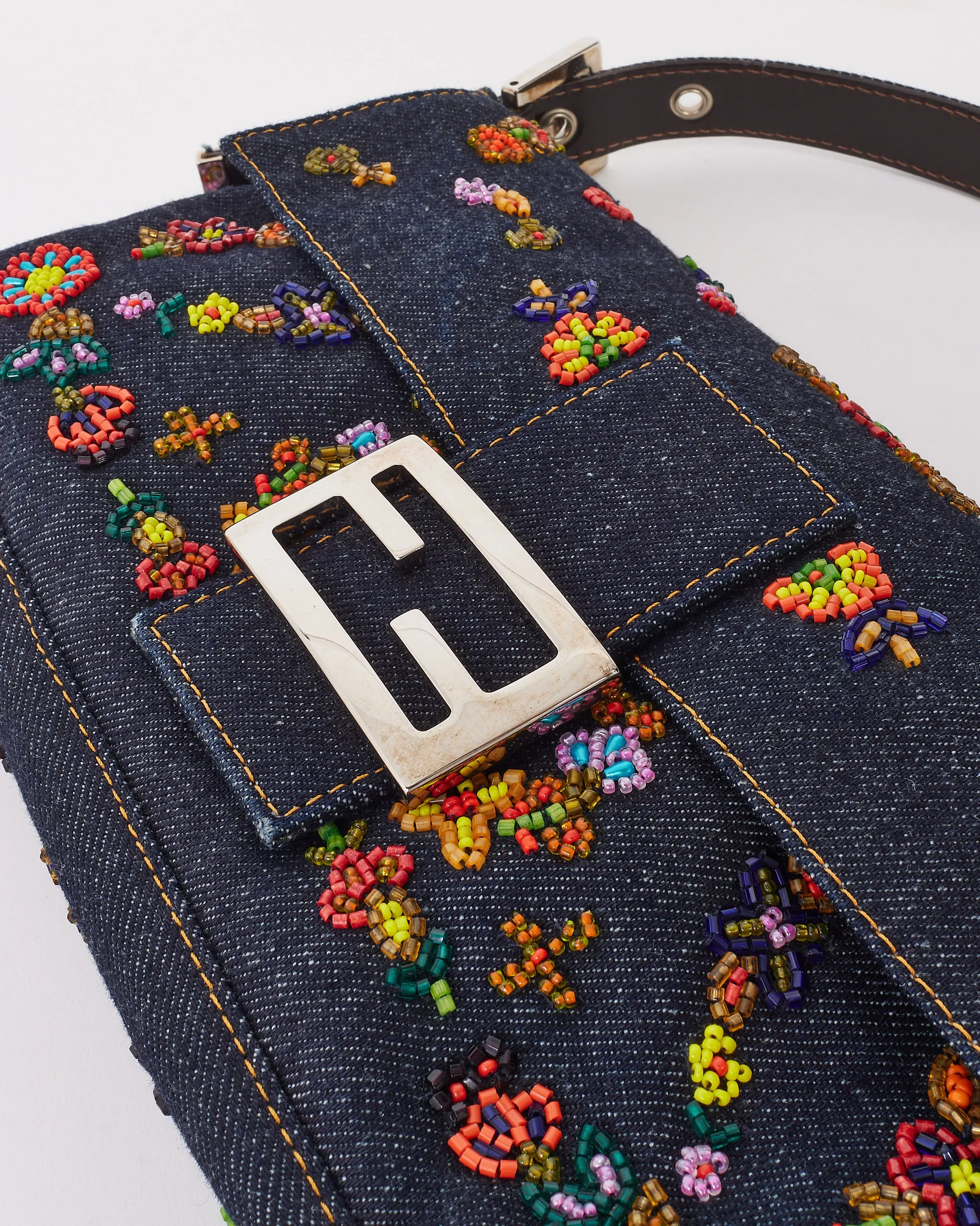 Fendi Blue Denim Beaded Baguette Shoulder Bag