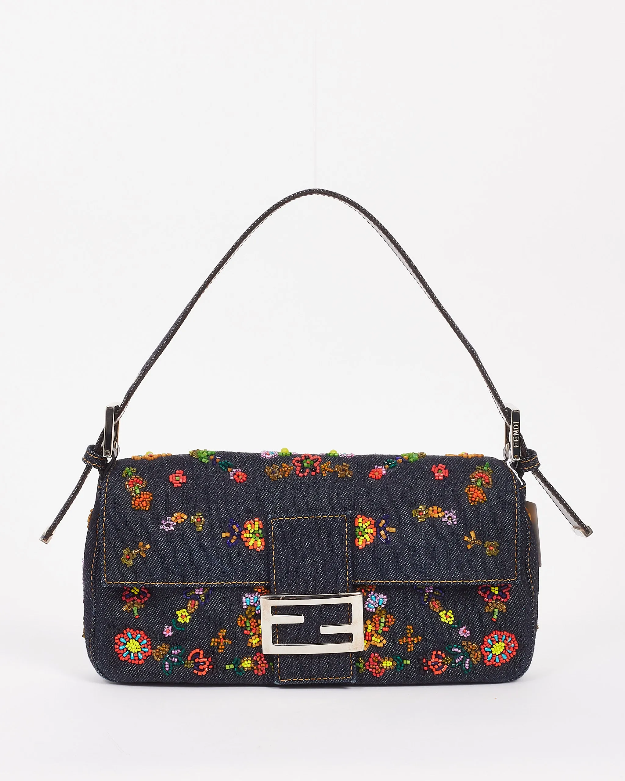 Fendi Blue Denim Beaded Baguette Shoulder Bag