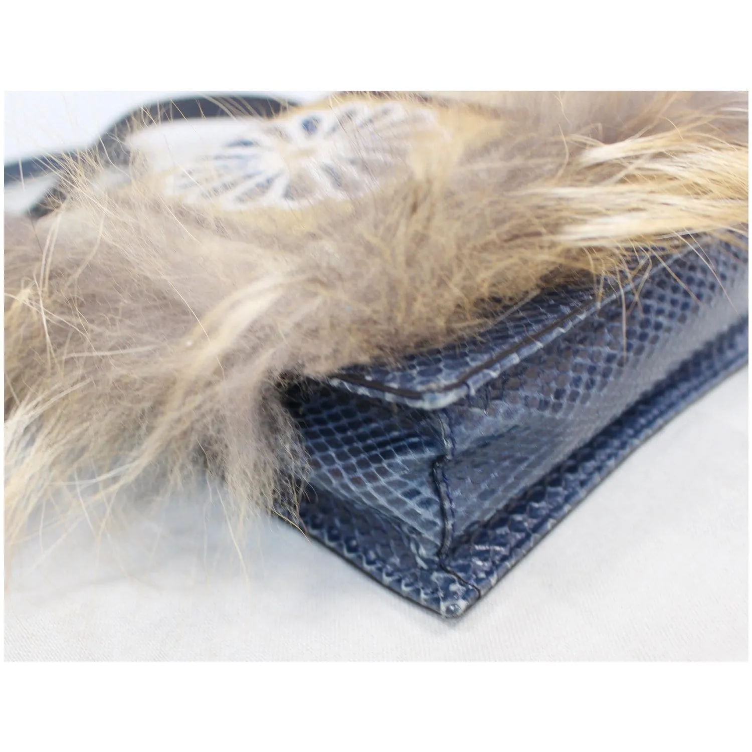 FENDI Daisy Beaded Snakeskin Fox Fur Trim Crossbody Clutch Bag Blue - Final Sale