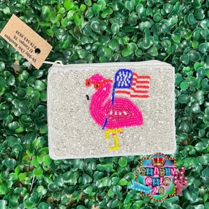 Flamingo with a Flag Beaded Bag