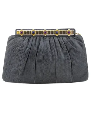 Grey Patterned Leather Clutch with Art Deco Details
