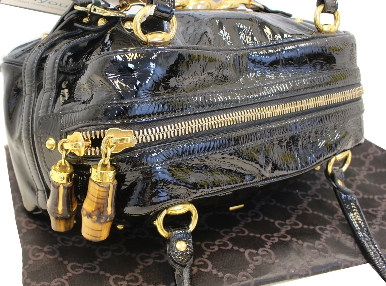 GUCCI Black Patent Leather Wave Boston Bag