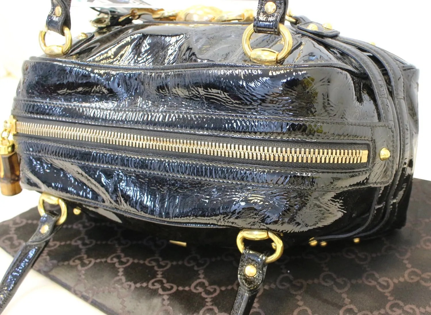 GUCCI Black Patent Leather Wave Boston Bag