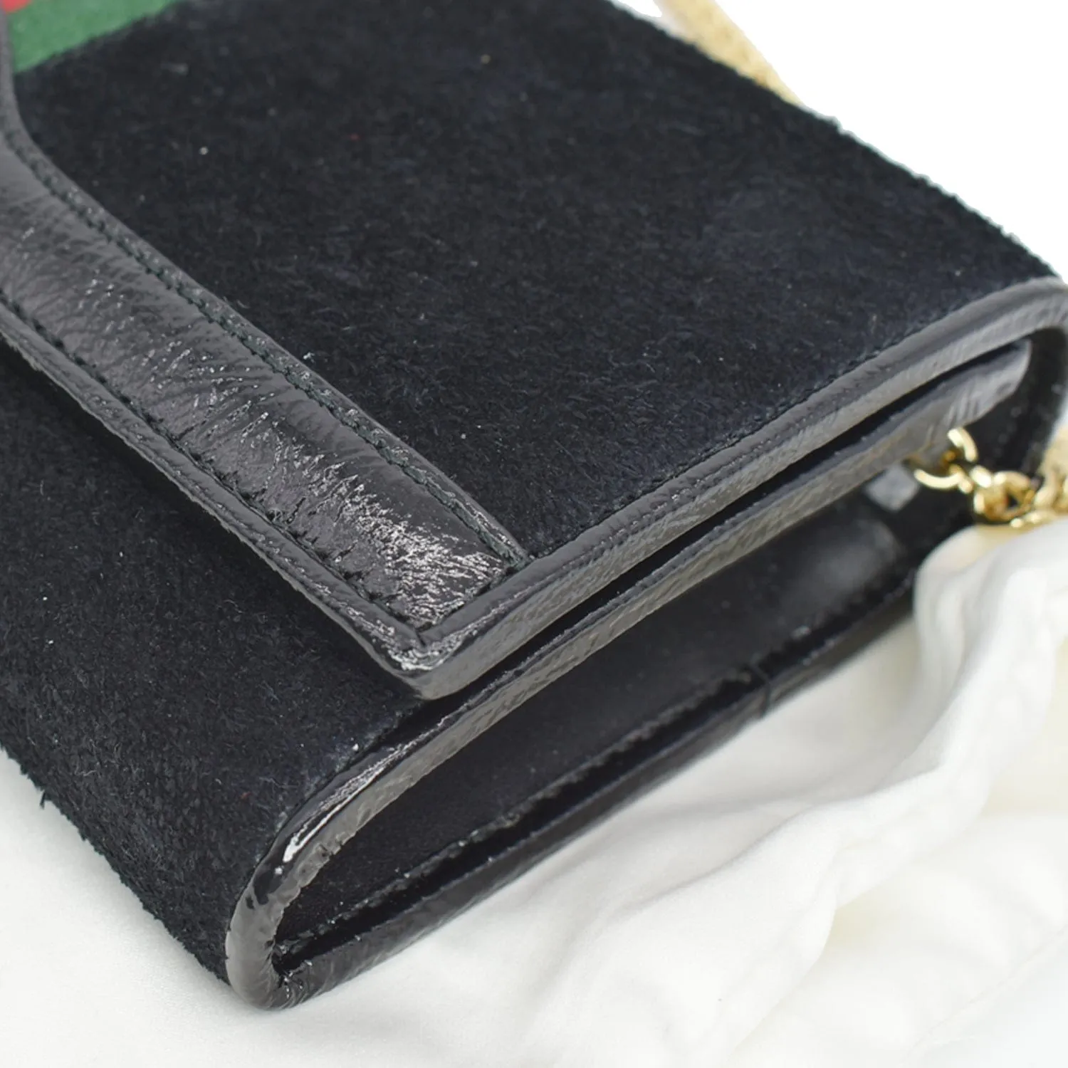 GUCCI Ophidia Suede Patent Web Leather Wallet On Chain Crossbody Bag Black 546592