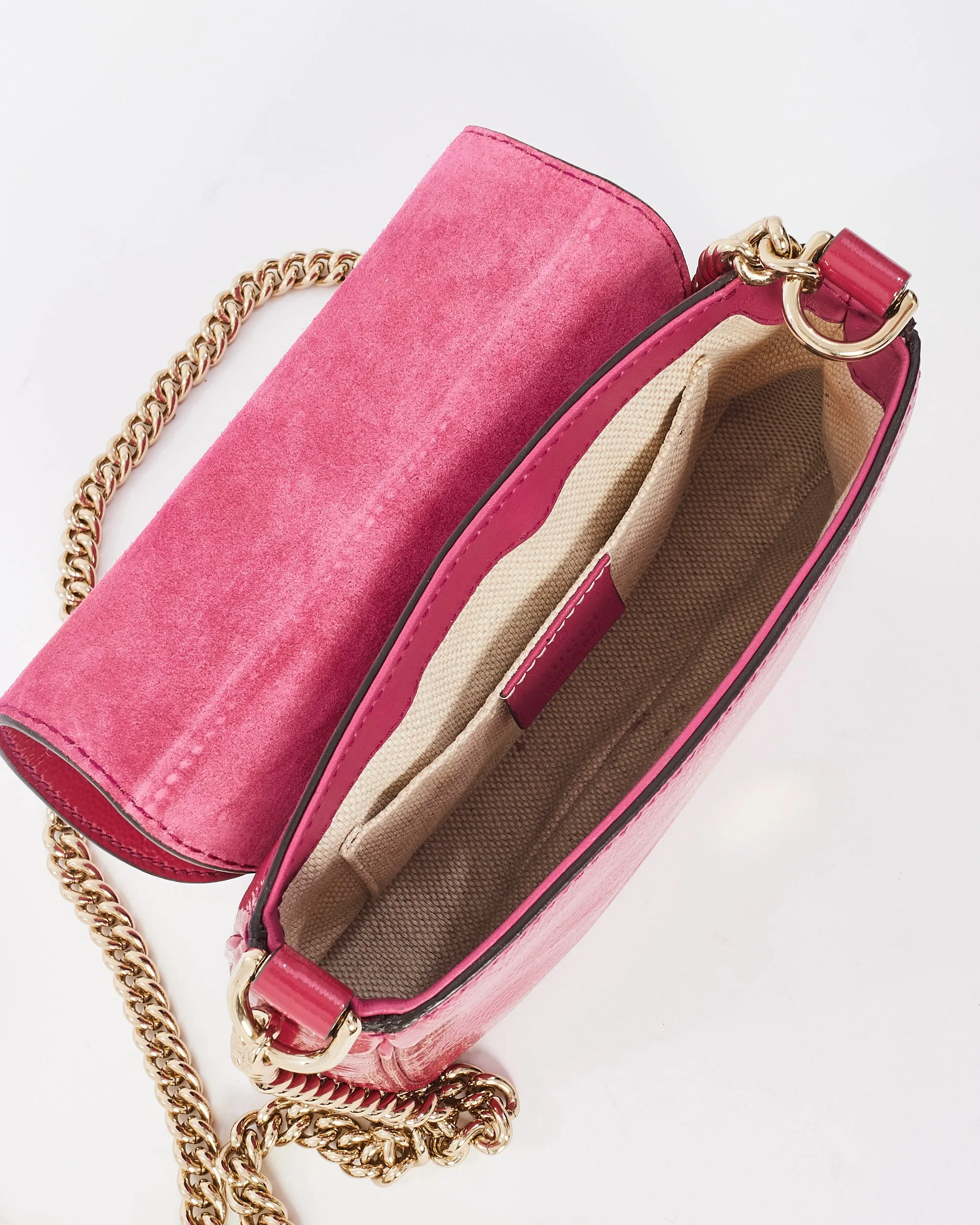 Gucci Raspberry Patent Small Soho Chain Flap Crossbody Bag