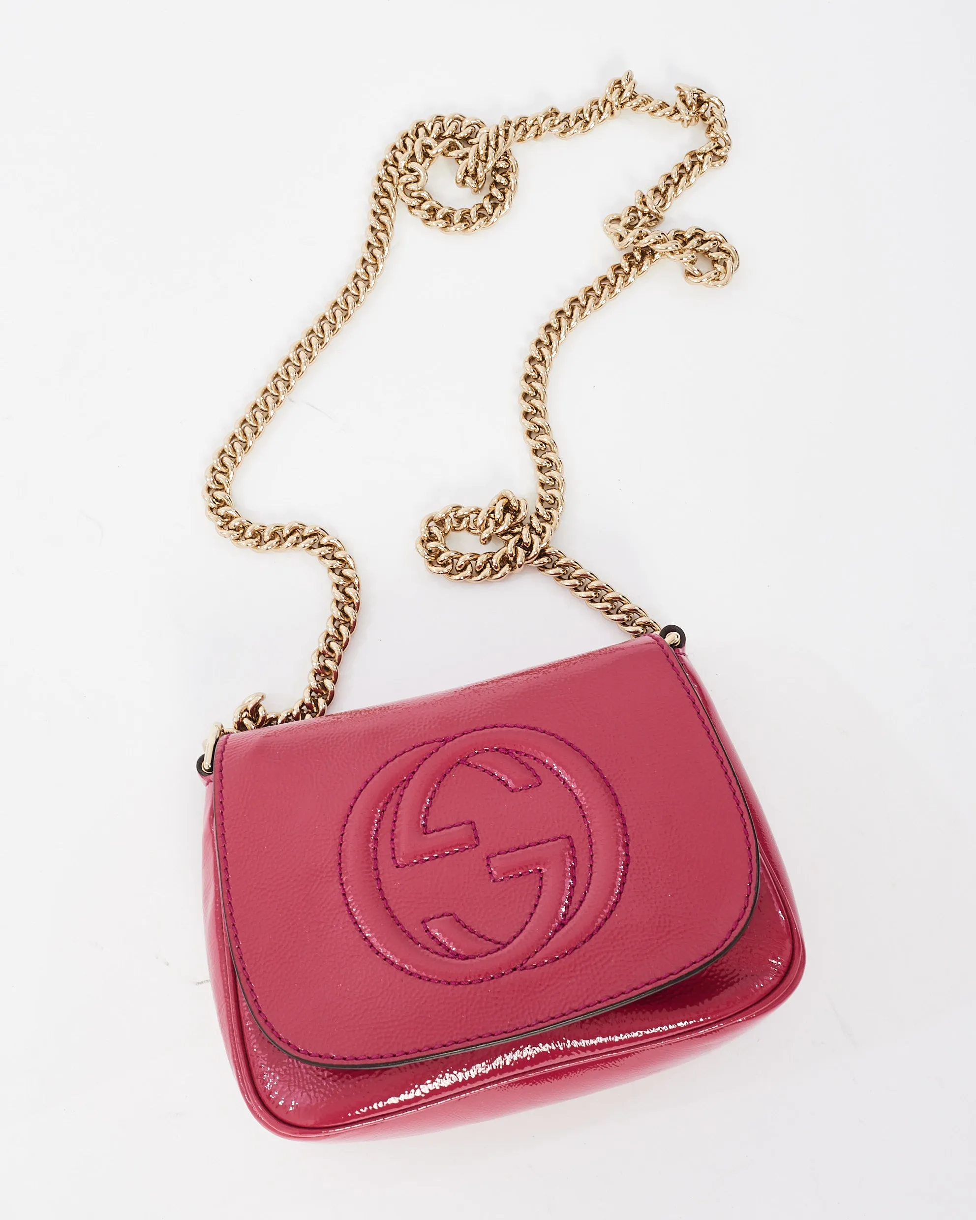 Gucci Raspberry Patent Small Soho Chain Flap Crossbody Bag