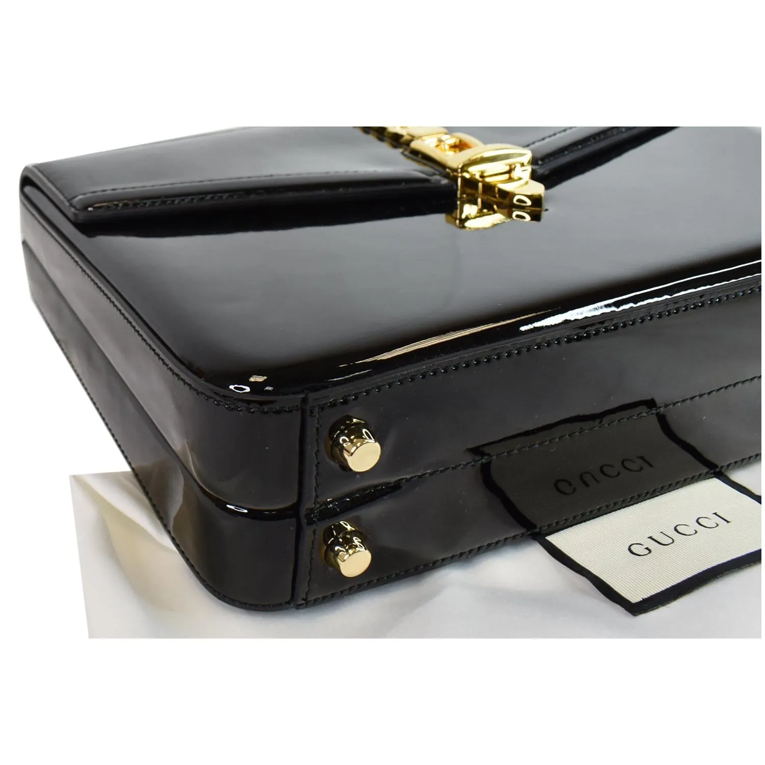 GUCCI Sylvie 1969 Patent Leather Mini Top Handle Bag Black 589478