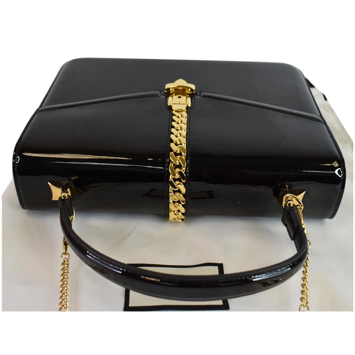 GUCCI Sylvie 1969 Patent Leather Mini Top Handle Bag Black 589478