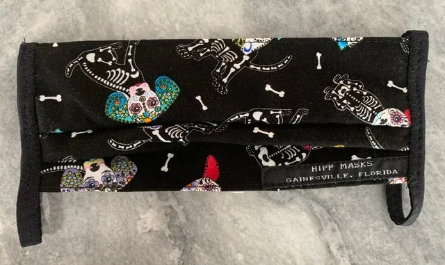 Halloween Ball:  Children's Sized Black Dog Skelton Print with Black Foldover Elastic Ties for Ears