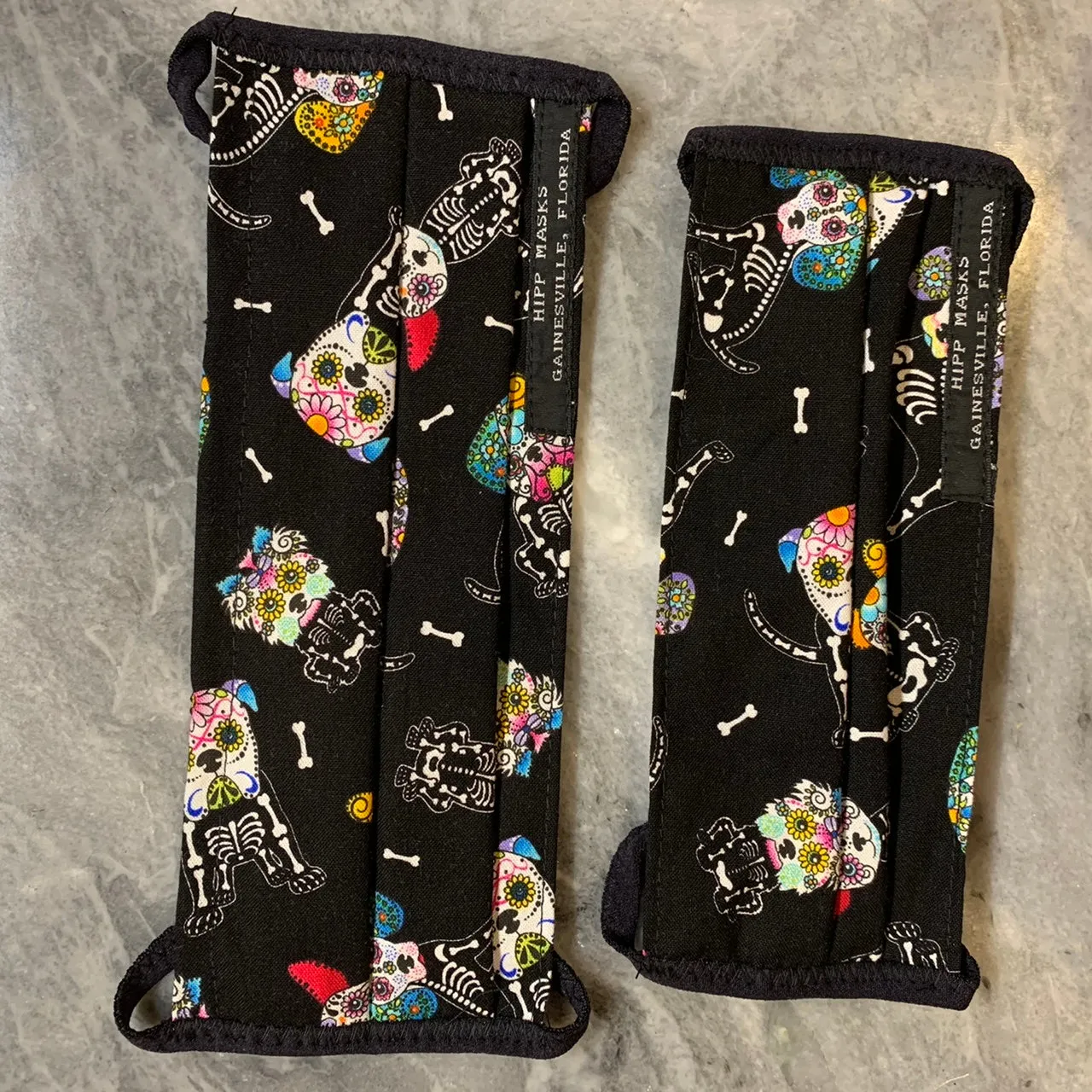 Halloween Ball:  Children's Sized Black Dog Skelton Print with Black Foldover Elastic Ties for Ears