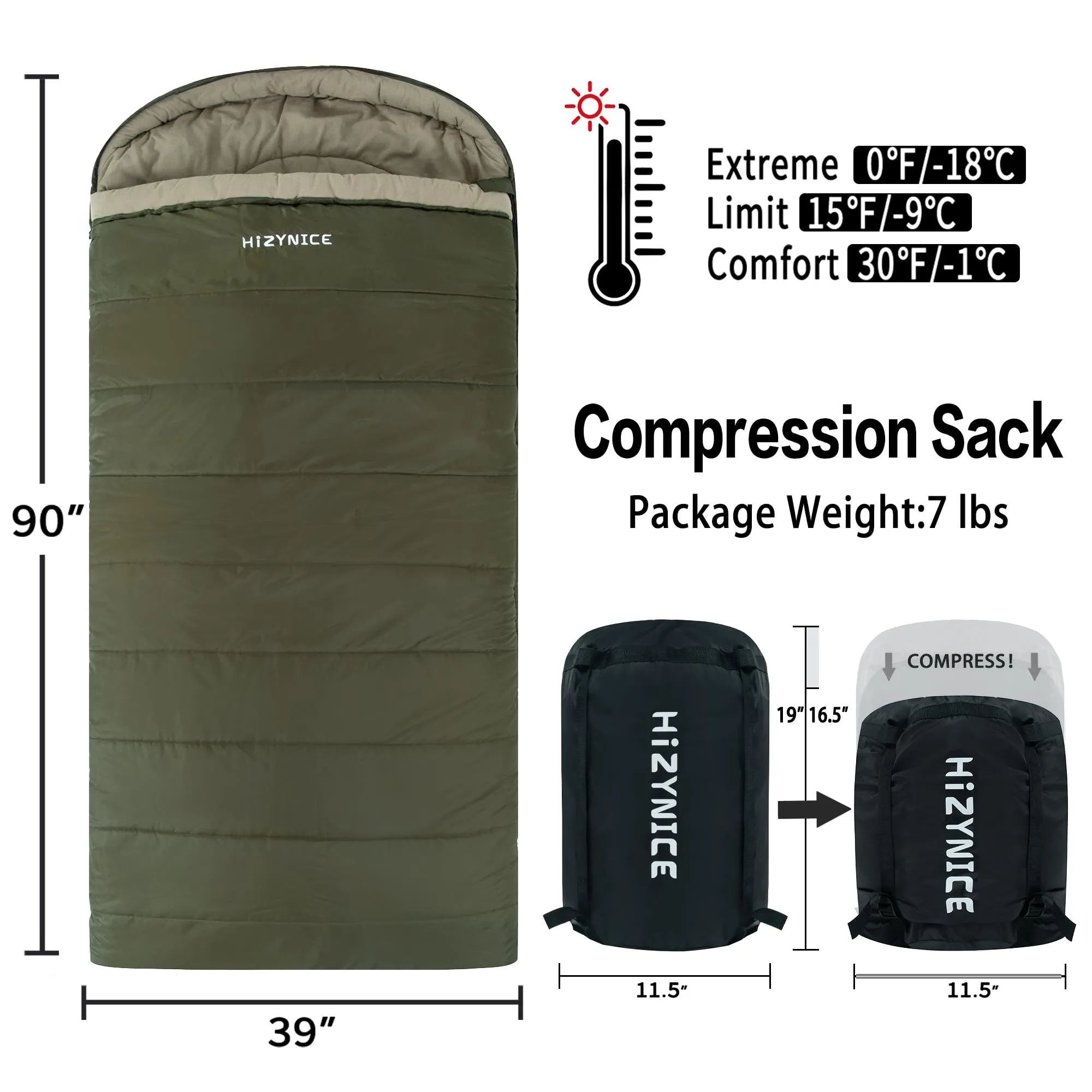 HiZYNICE Sleeping Bags for Adults Extra Large Wide Cold Weather 0 Degree XL XXL Plus Size Oversized,Green Right Zip