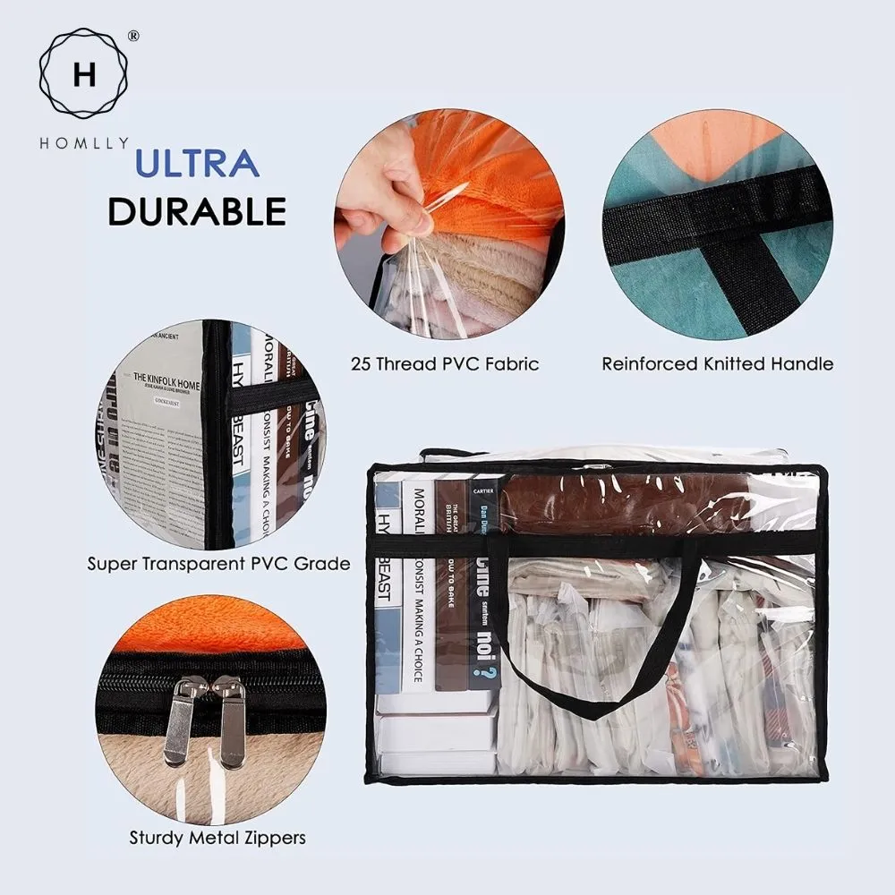 Homlly Clear Zippered Storage Organizer Moving Bags with Reinforced Handle (55L)