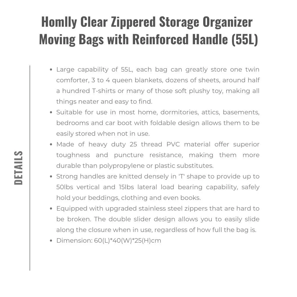 Homlly Clear Zippered Storage Organizer Moving Bags with Reinforced Handle (55L)
