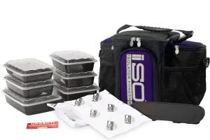 Isolator Fitness 3 Meal ISOBAG Meal Prep Management Insulated Lunch Bag Cooler with 6 Stackable Meal Prep Containers, 2 ISOBRICKS, and Shoulder Strap - MADE IN USA (Black/Purple Accent)