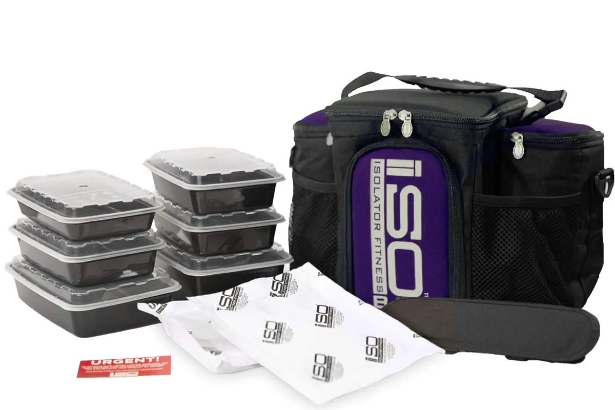 Isolator Fitness 3 Meal ISOBAG Meal Prep Management Insulated Lunch Bag Cooler with 6 Stackable Meal Prep Containers, 2 ISOBRICKS, and Shoulder Strap - MADE IN USA (Black/Purple Accent)