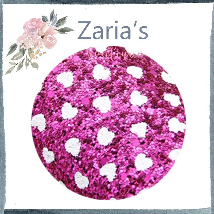 Jewel-Tone CHUNKY GLITTER ~ Pink Sapphire White Polka Dot HEARTS ~ 20 x 34cm