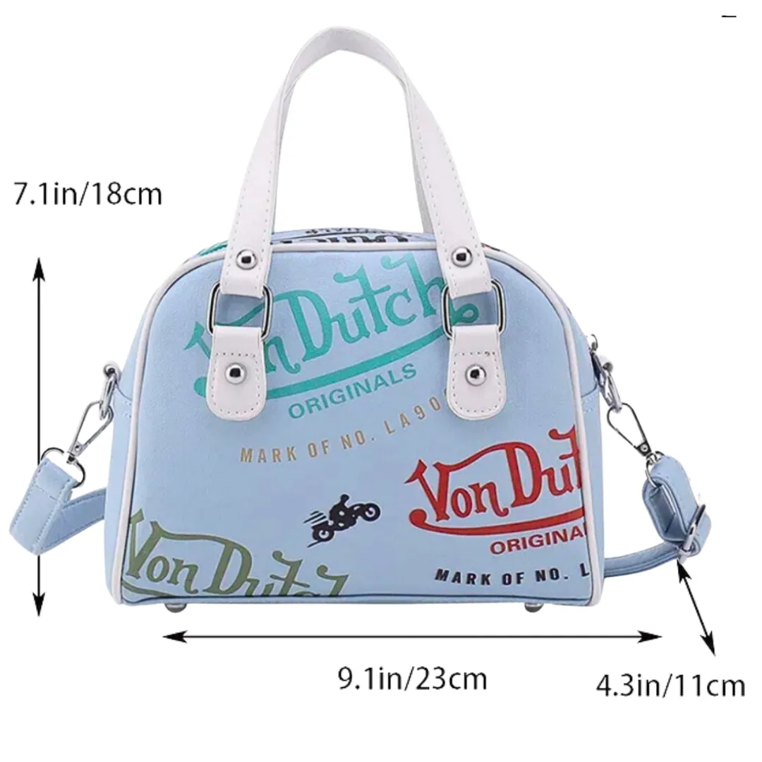 LIGHT BLUE VON DUTCH STYLE BOWLING/BOSTON HANDBAG WITH ADJUSTABLE STRAP