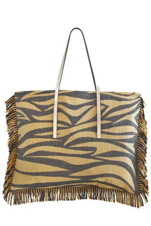 MILOS Μουσταρδί Μαύρη Τσάντα με Animal Print και Κρόσσια
