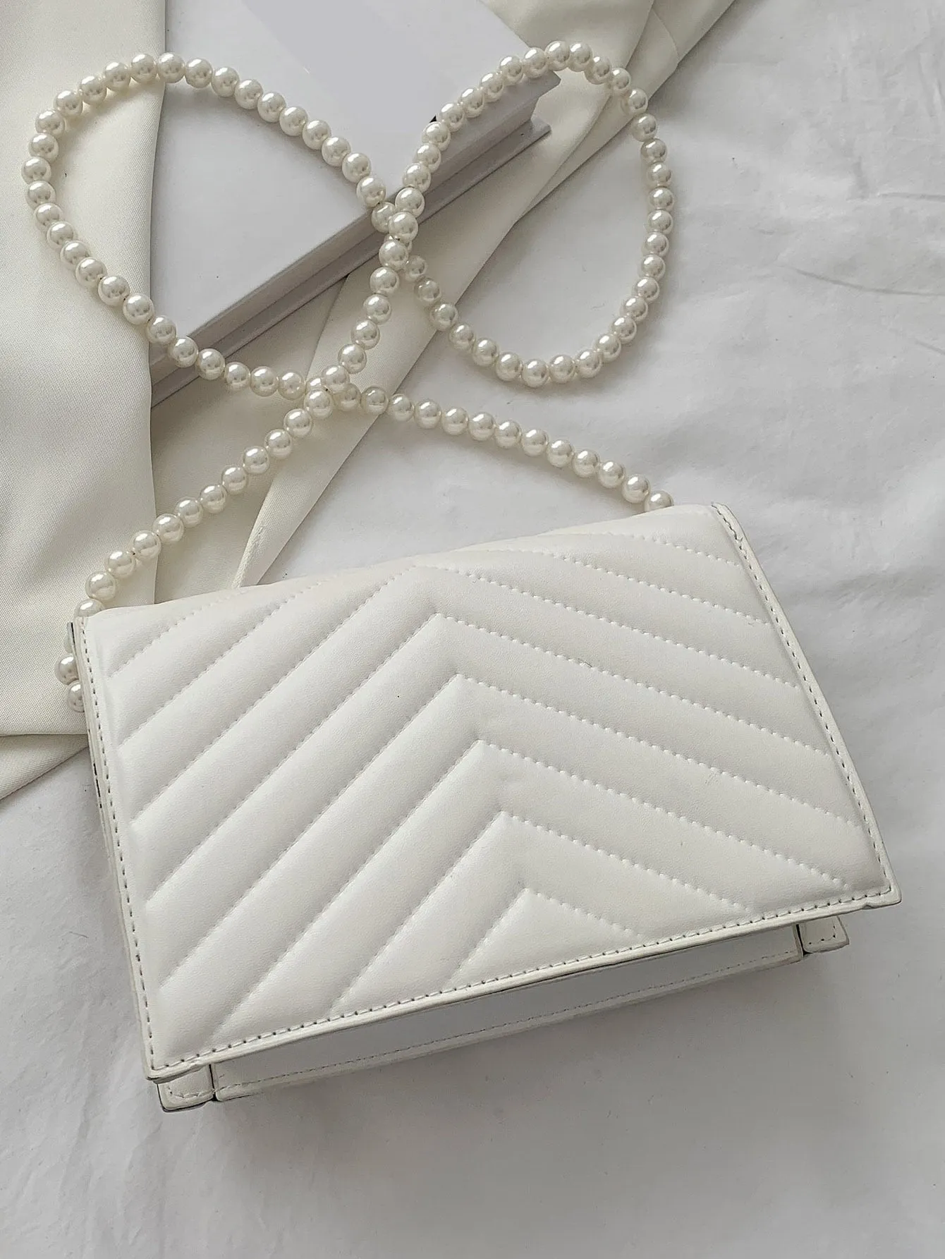 Mini Faux Pearl Beaded Chevron Square Bag - White