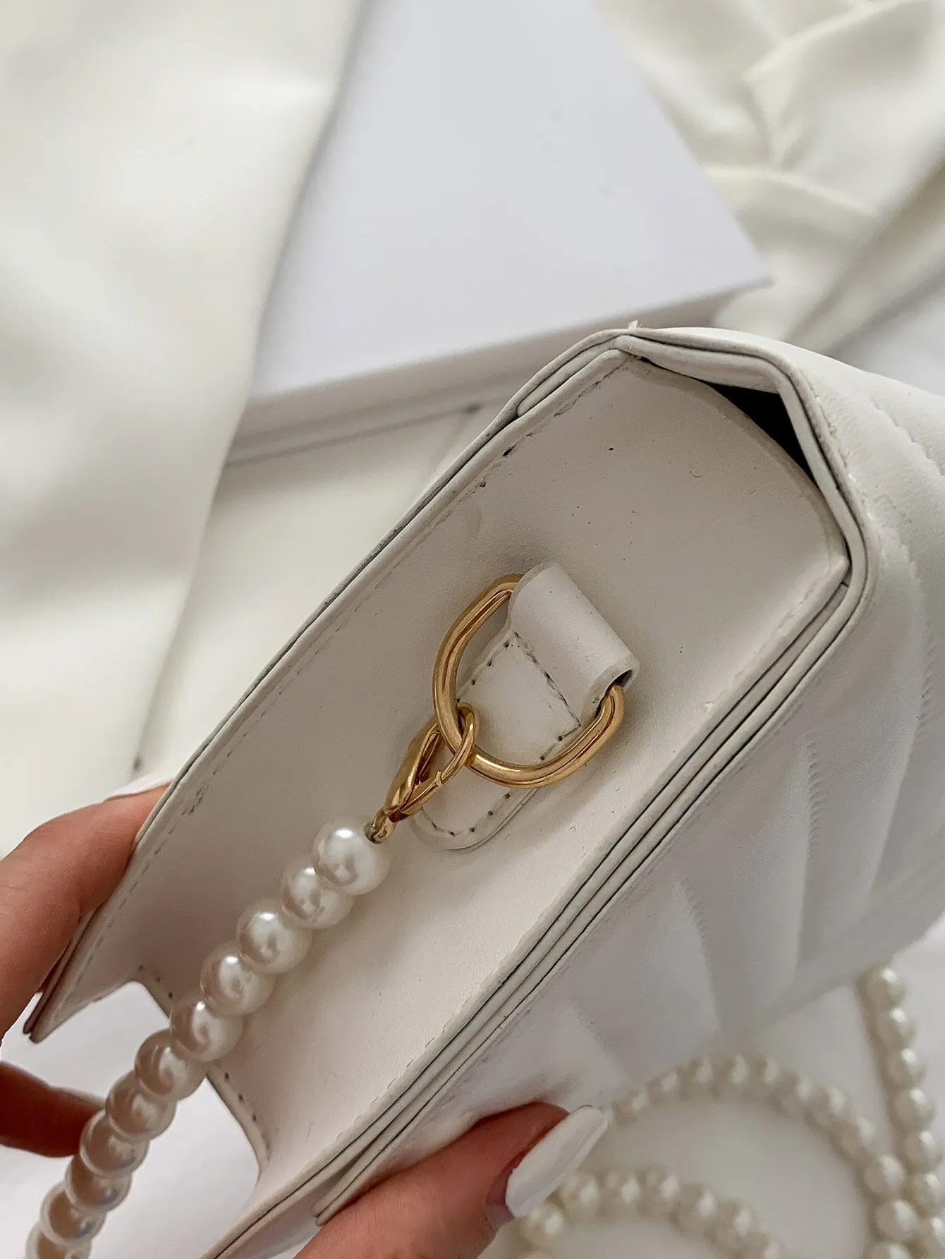 Mini Faux Pearl Beaded Chevron Square Bag - White