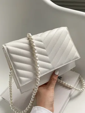 Mini Faux Pearl Beaded Chevron Square Bag - White