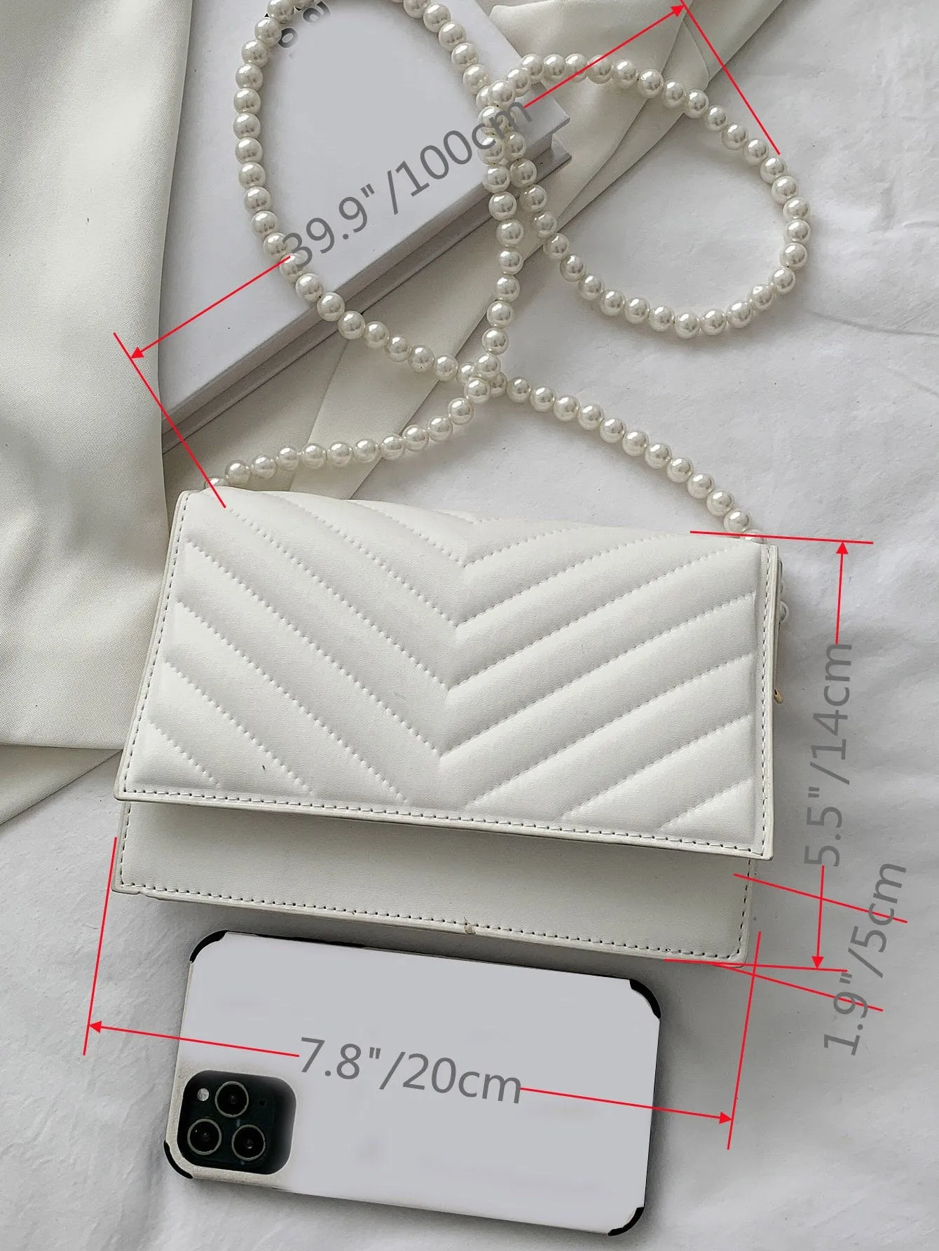 Mini Faux Pearl Beaded Chevron Square Bag - White