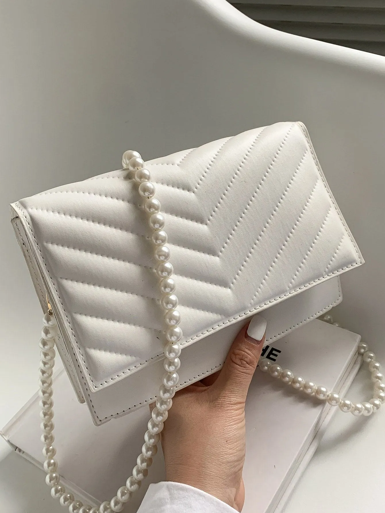 Mini Faux Pearl Beaded Chevron Square Bag - White