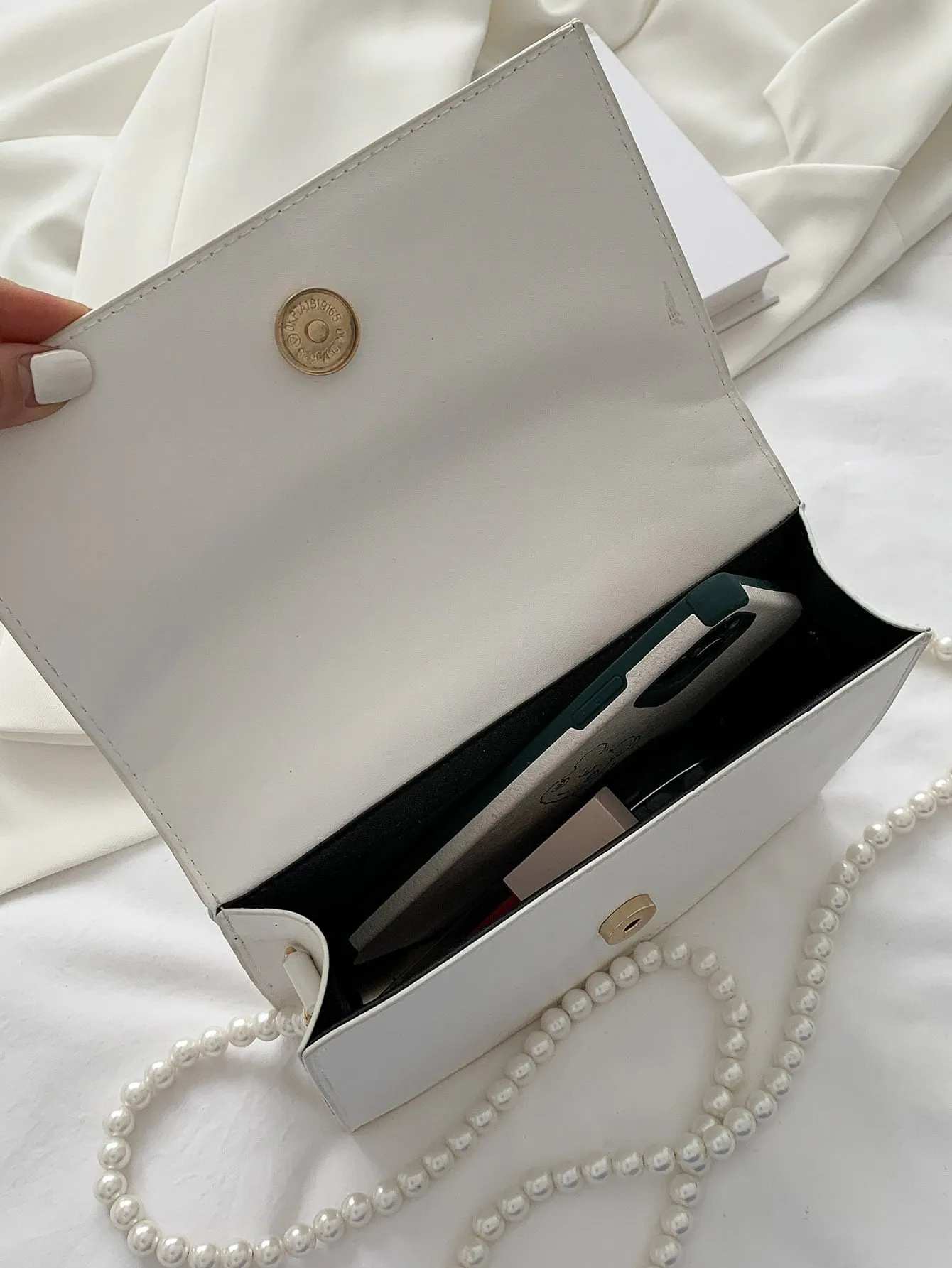 Mini Faux Pearl Beaded Chevron Square Bag - White